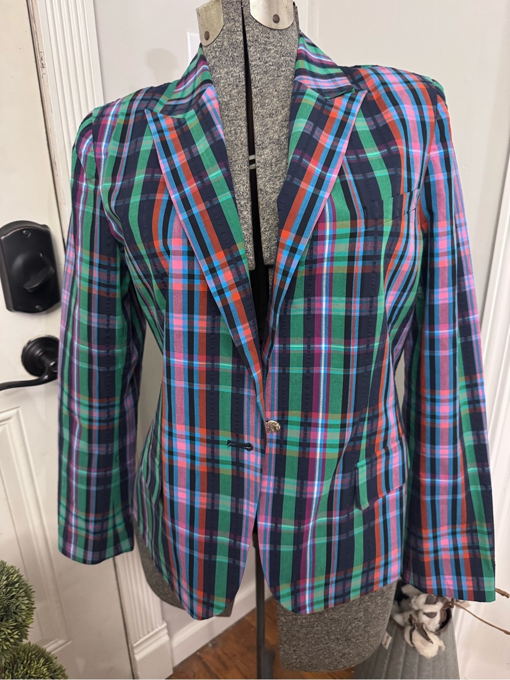 Women’s Anne Klein Colorful Madras Plaid Blazer with Gold Buttons Medium